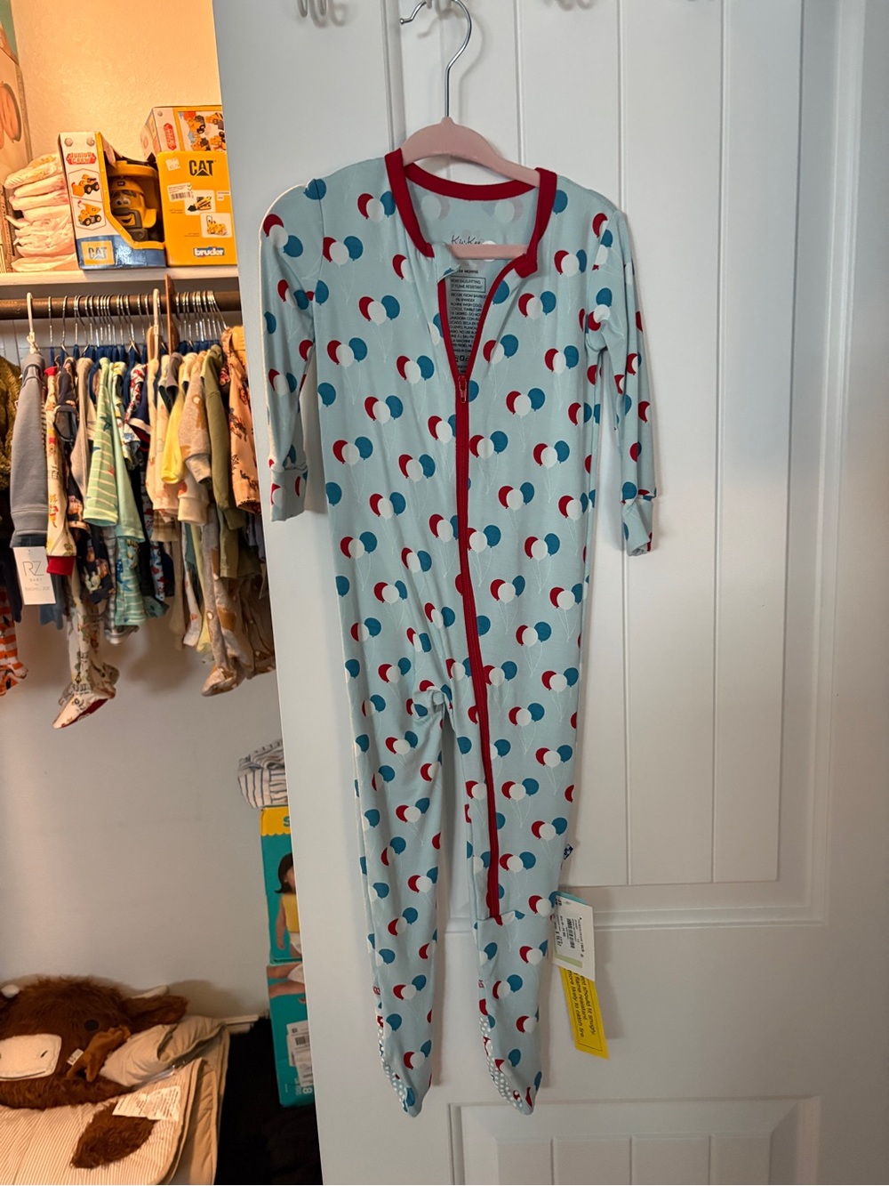 Kickee Pants Light Blue Balloon-Print Footed One-Piece with Red Trim
